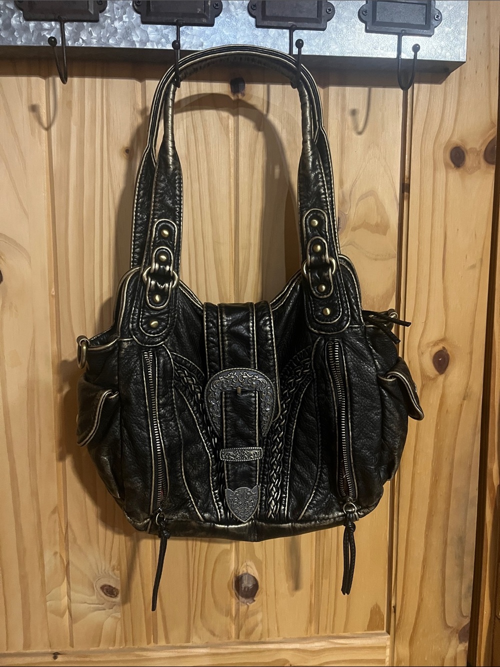 Montana West Bronze Shoulder Bag with Brass-Tone Accents